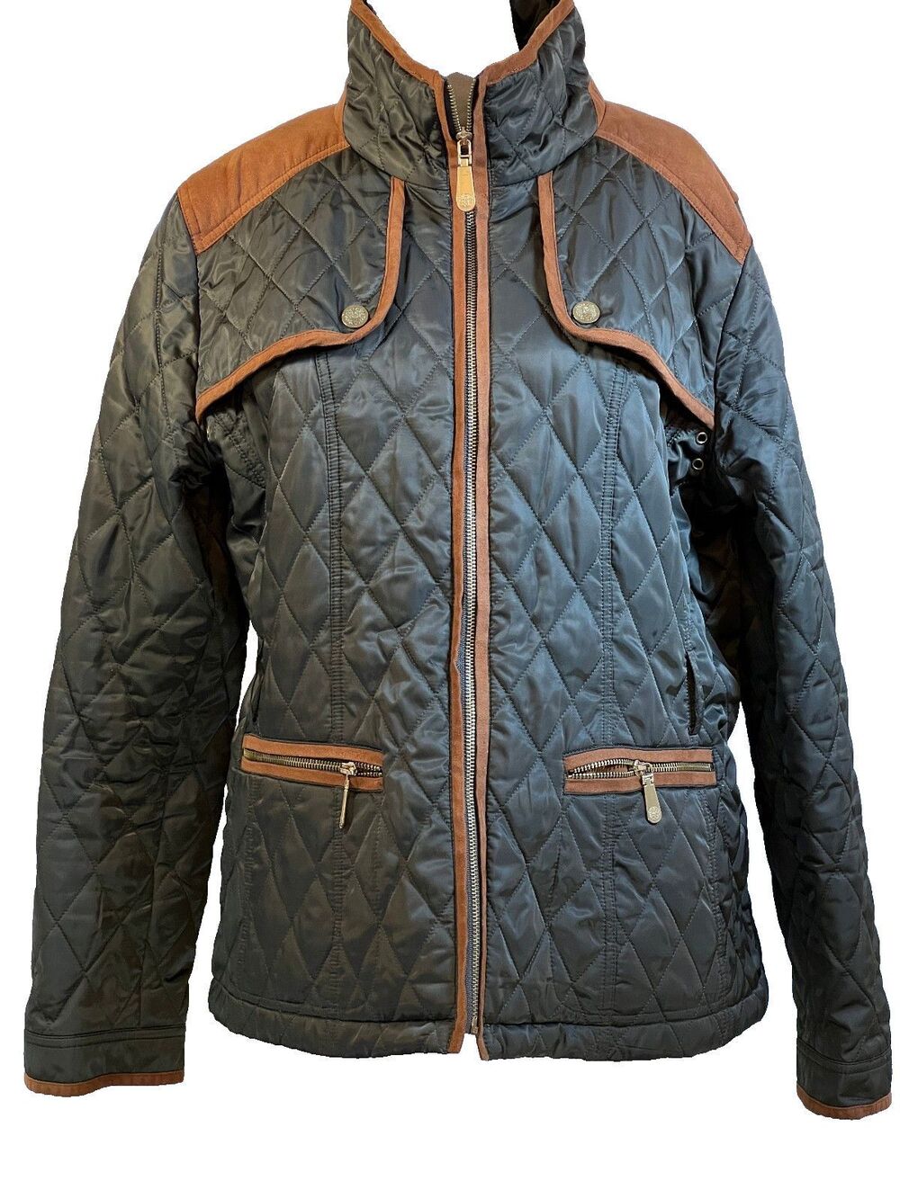 Vince Camuto Quilted Barn Jacket Contrast Suede Gun Flaps XL Equestrian Utility